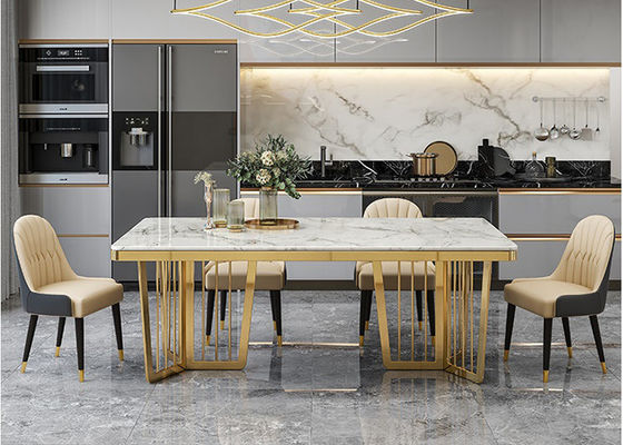 Mesa de comedor de mármol de lujo elegante, tabla superior de mármol con las piernas del metal