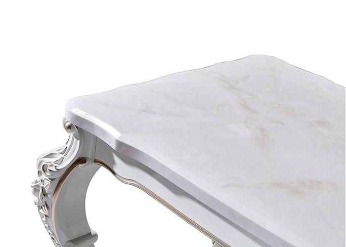 Mesa de comedor de mármol rectangular de talla abundante de la familia