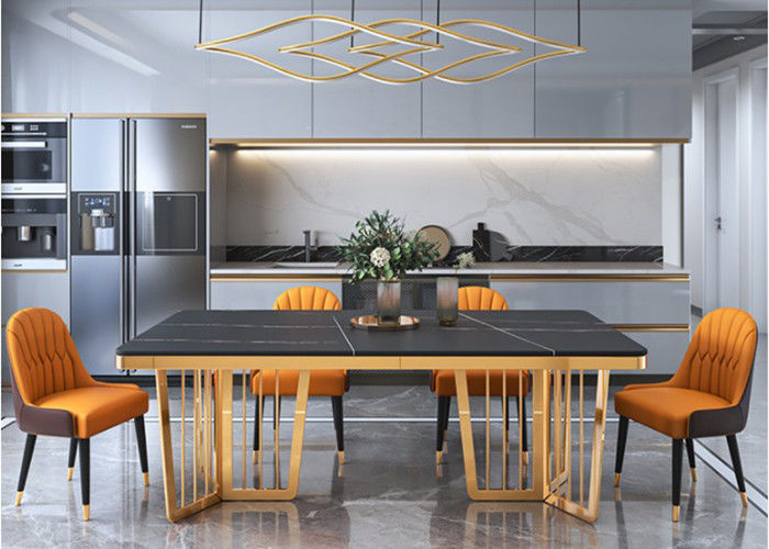 Mesa de comedor de mármol de lujo elegante, tabla superior de mármol con las piernas del metal