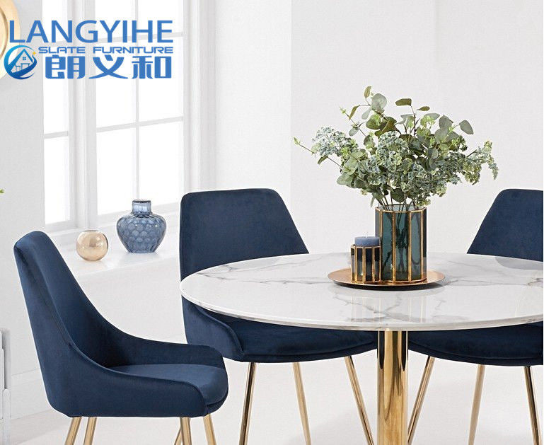 ISO 9001 el 120cm alrededor de la mesa de comedor de mármol del efecto con Fern Velvet Chairs Blue