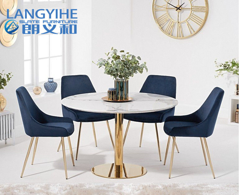 ISO 9001 el 120cm alrededor de la mesa de comedor de mármol del efecto con Fern Velvet Chairs Blue